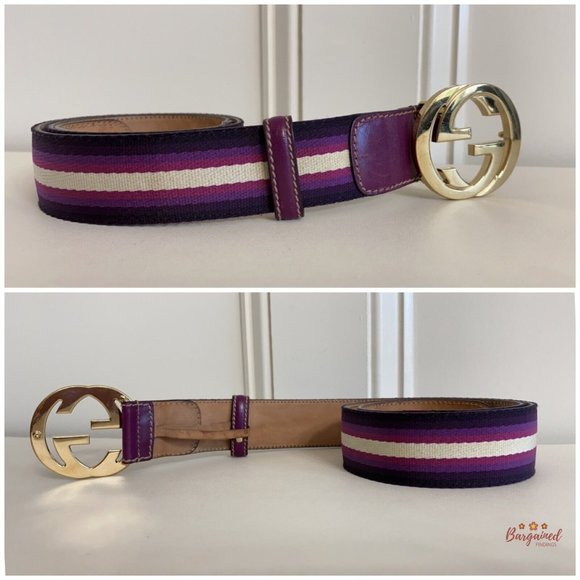 Authentic Gucci Web Canvas Leather Gold Interlocking G Buckle Belt 85/34 114876 - Picture 10 of 13